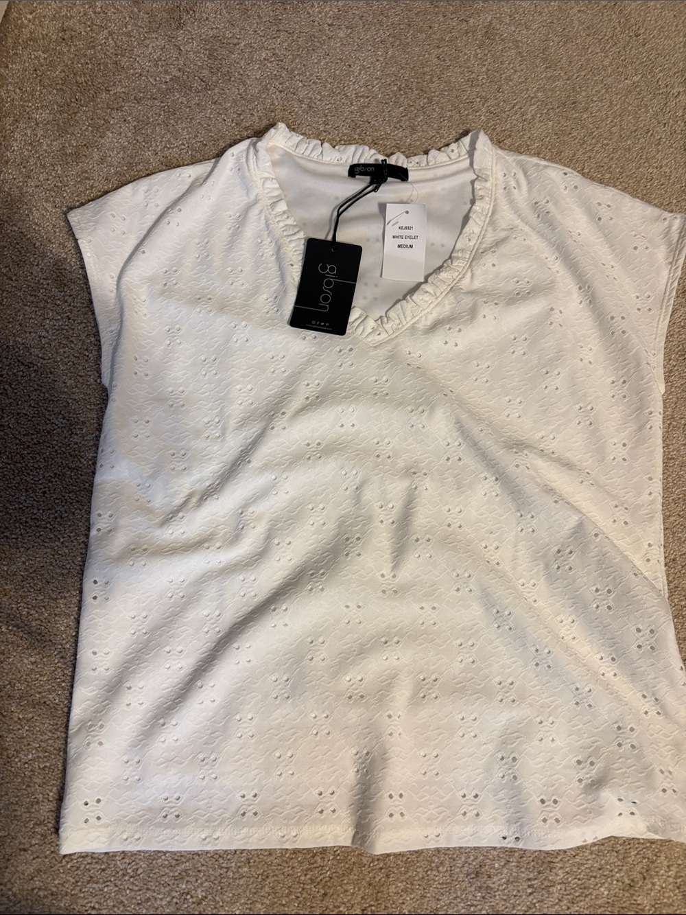 Gibson White Eyelet Ruffle V-Neck Short Sleeve Top